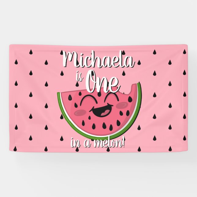 One in a Melon Cute Watermelon Pink Birthday Banner (Horizontal)