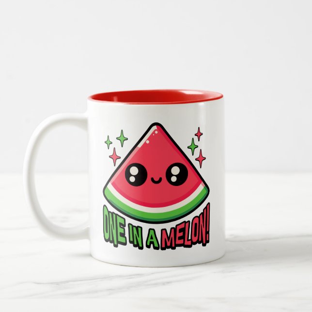 One In A Melon! Cute Watermelon Pun Two-Tone Coffee Mug (Left)