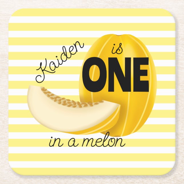 One in a Melon First 1st Birthday Party Square Paper Coaster (Front)