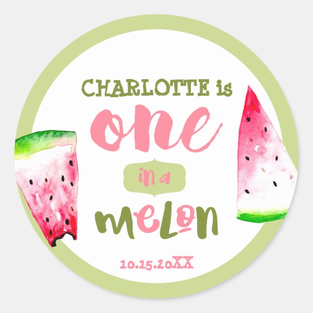 One in a Melon First Birthday Cute Pink green Classic Round Sticker (Front)