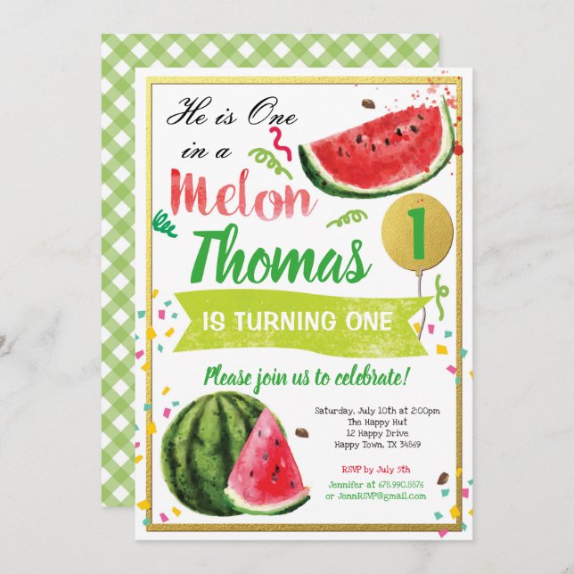 One in a melon first birthday invitation (Front/Back)
