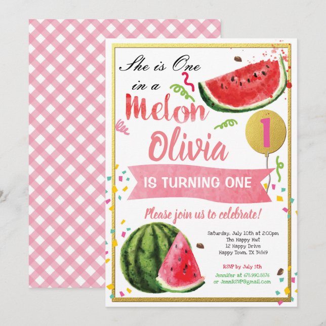 One in a melon first birthday invitation pink gold (Front/Back)