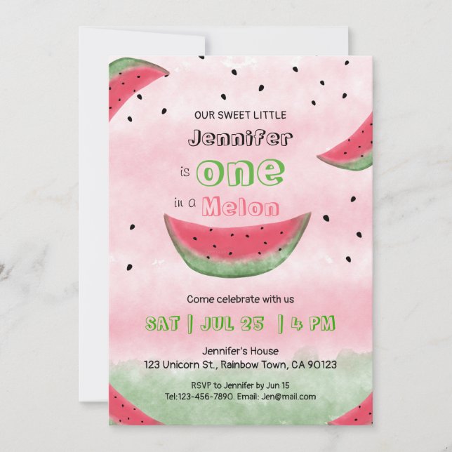 One in a melon first birthday invitations (Front)
