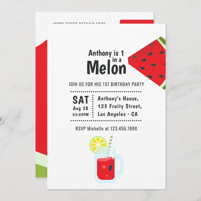 One in a Melon First Birthday Party Invitation (Front/Back)
