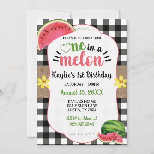 One In A Melon First Birthday Watermelon Invitation (Front)