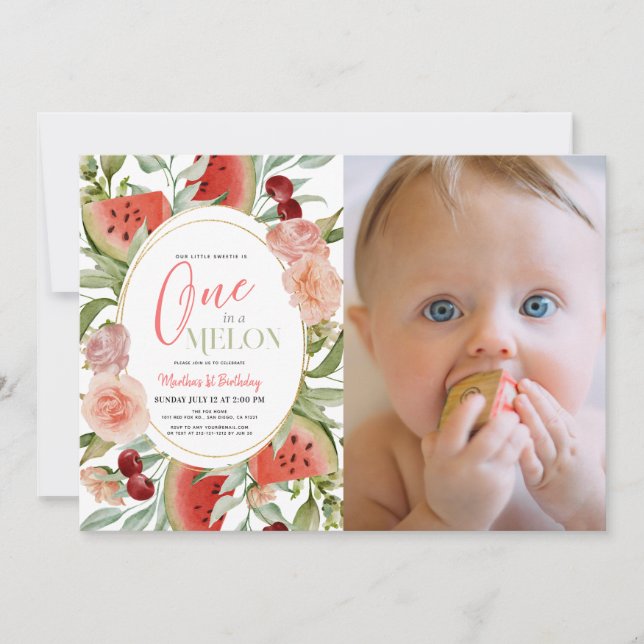 One in a Melon Floral Girl 1st Birthday Photo Invitation (Front)
