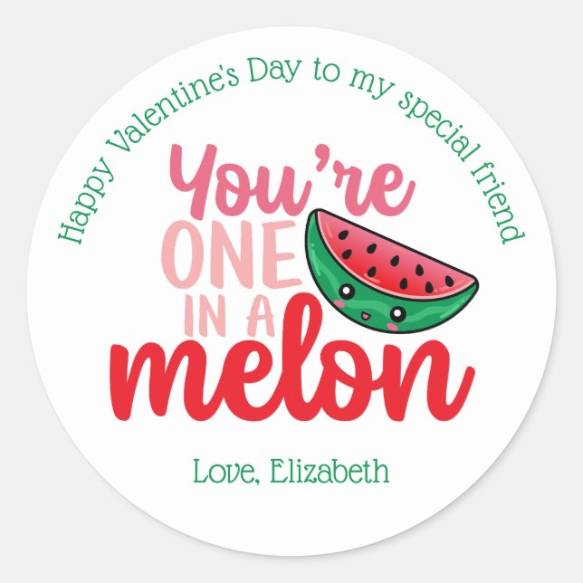 One In A Melon Funny Pun Cute Kids Valentine's Day Classic Round Sticker (Front)