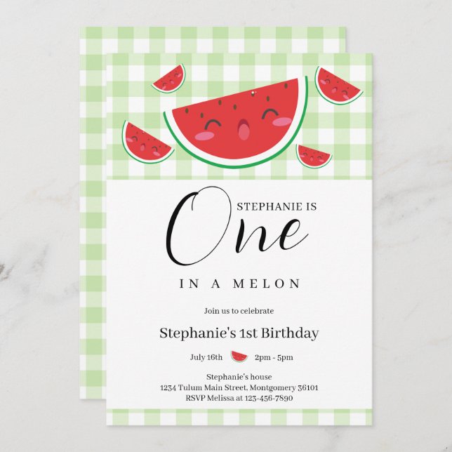 One in a Melon Gingham Summer 1st Birthday Party Invitation (Front/Back)