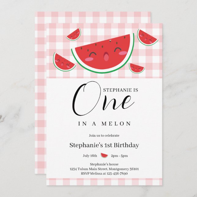 One in a Melon Gingham Summer 1st Birthday Party Invitation (Front/Back)