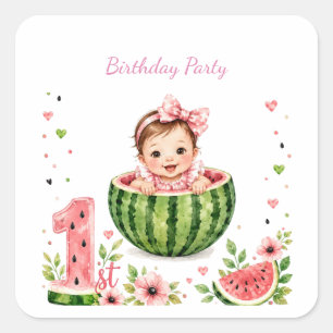 One in a Melon Girl 1st. Birthday Party Square Sticker