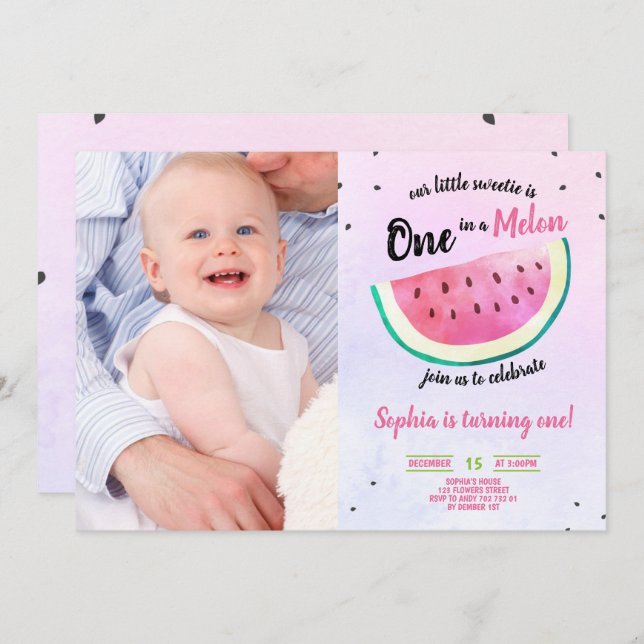 One in a Melon Girl 1st Birthday Watermelon Photo Invitation (Front/Back)