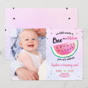 One in a Melon Girl 1st Birthday Watermelon Photo Invitation