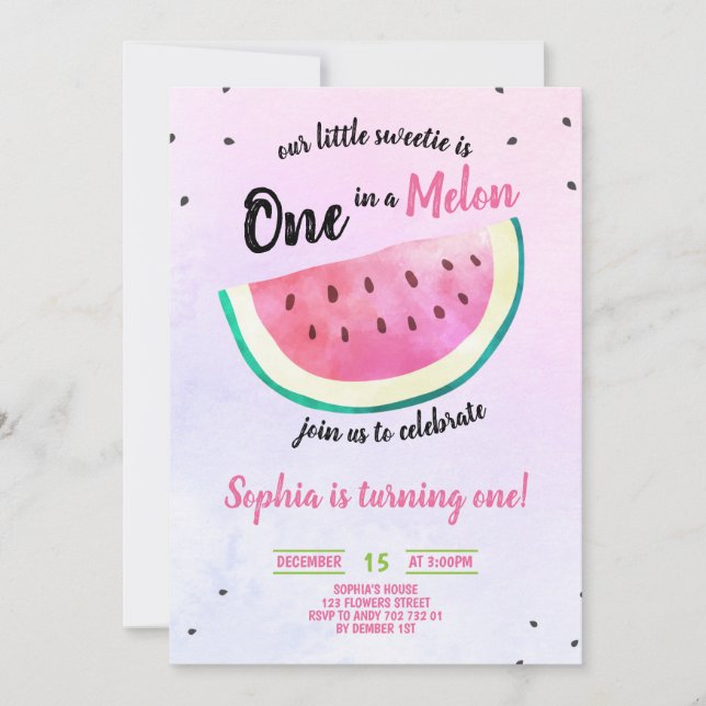 One in a Melon Girl 1st Birthday Watermelon Summer Invitation (Front)