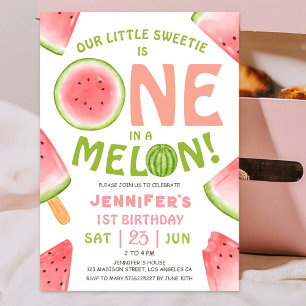 ONE in a Melon! Girl Pink Watermelon 1st Birthday  Invitation