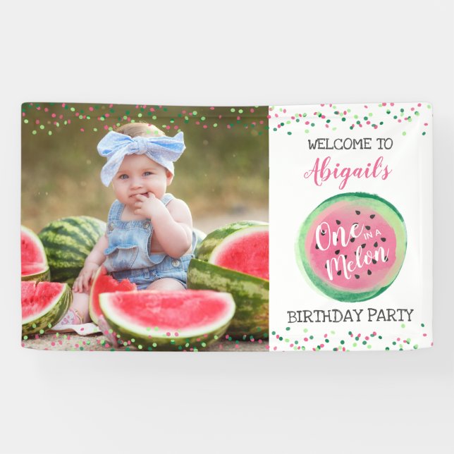 One in a Melon Girl's 1st Birthday Party Welcome Banner (Horizontal)