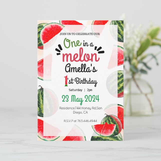 one in a melon Girls first birthday Invitation (Standing Front)