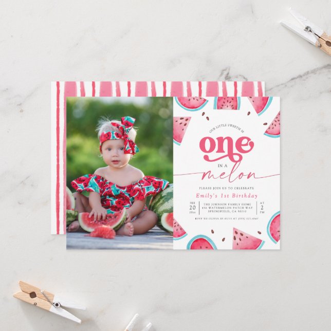 One in a Melon Girls Photo First Birthday Party Invitation (Front/Back In Situ)