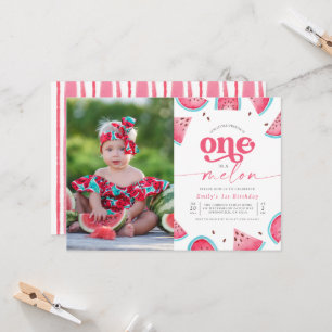 One in a Melon Girls Photo First Birthday Party Invitation