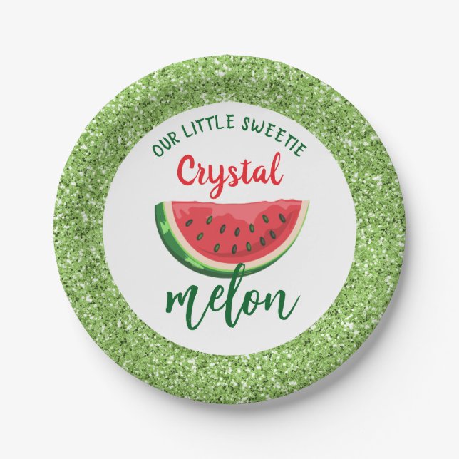 One in a Melon Glitter Watermelon First Birthday Paper Plate (Front)