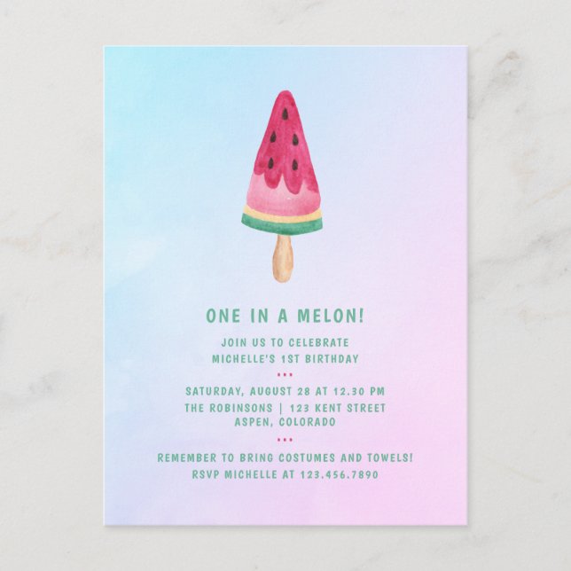 One in a Melon Ice Cream 1st Birthday Party Postcard (Front)