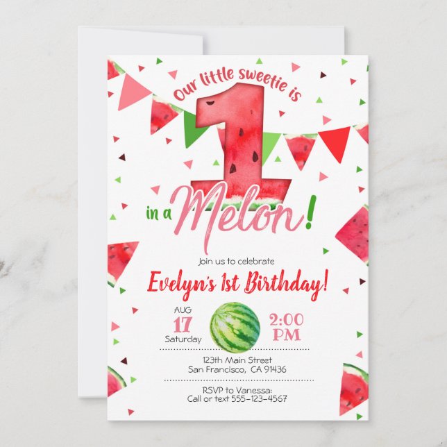 One in a Melon Invitation, Watermelon 1st Birthday Invitation (Front)