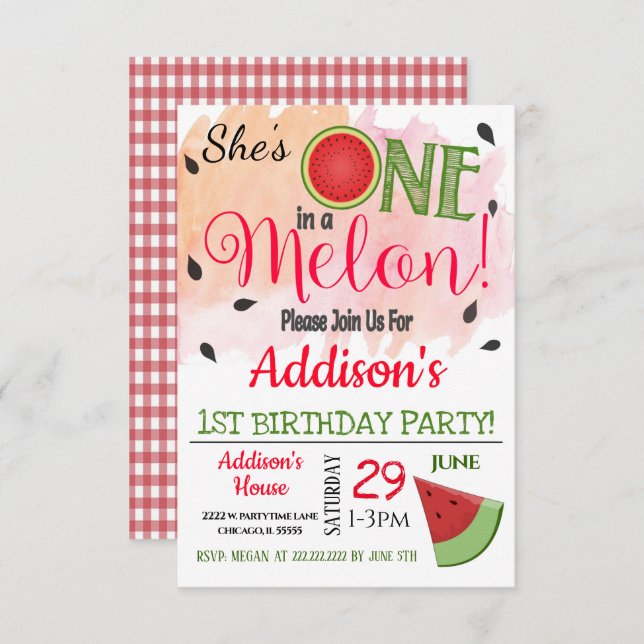 One in a Melon Party Birthday Invitation (Front/Back)