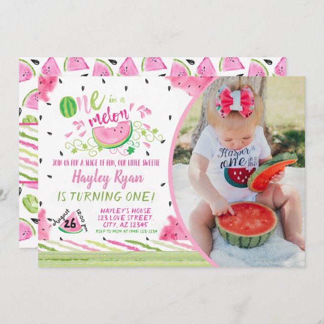 One In a Melon Photo 1st Birthday Invitation (Front/Back)