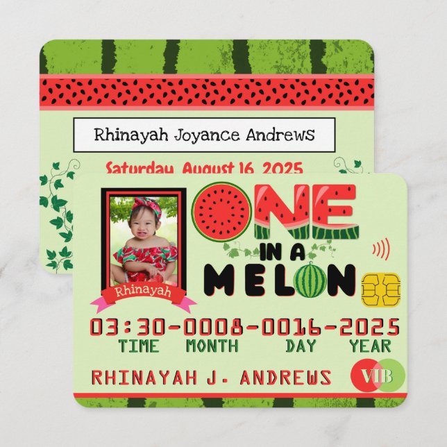 ONE in a Melon Photo Birthday Party Credit Card (Front/Back)