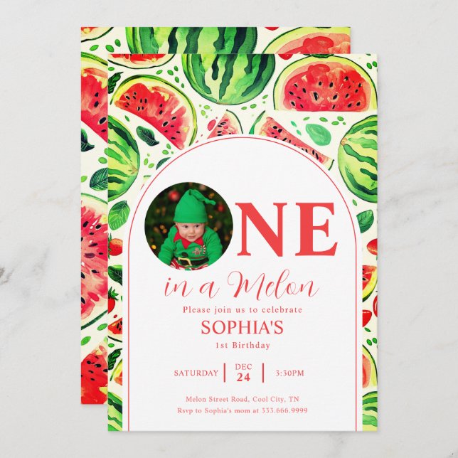 One In A Melon Photo First Birthday  Invitation (Front/Back)