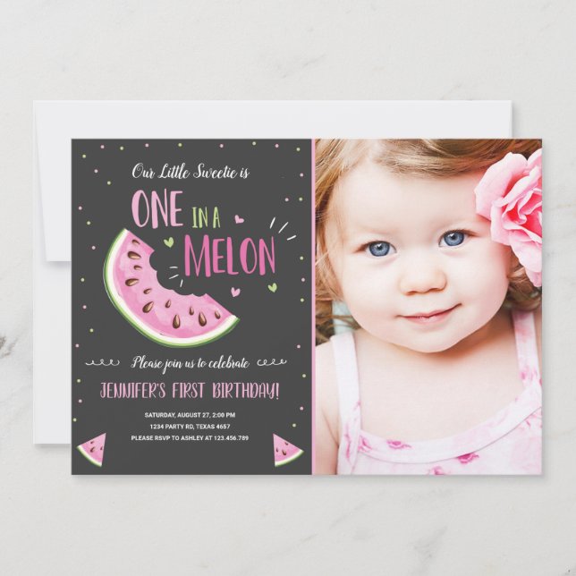 One in a Melon Pink Girl First Birthday Invitation (Front)