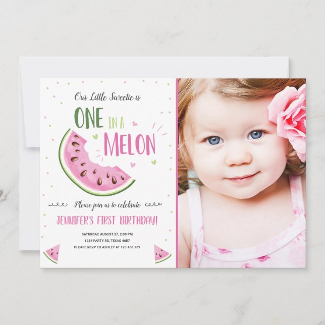 One in a Melon Pink Girl First Birthday Invitation (Front)