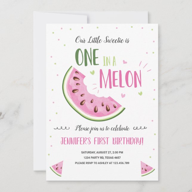 One in a Melon Pink Girl First Birthday Invitation (Front)