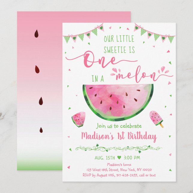 One In A Melon Pink Green Watermelon Birthday Invitation (Front/Back)