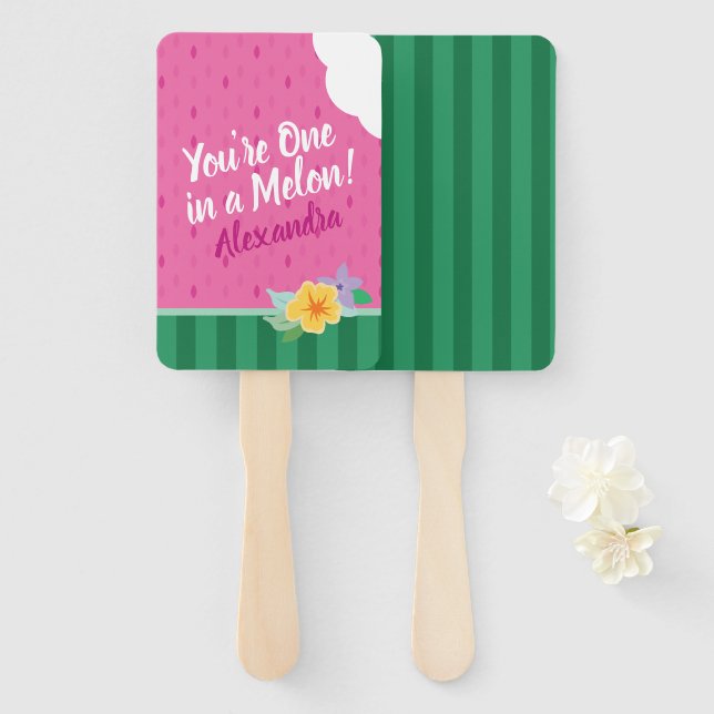 "One In A Melon" Pink & Green Watermelon Tropical Hand Fan (Front and Back)