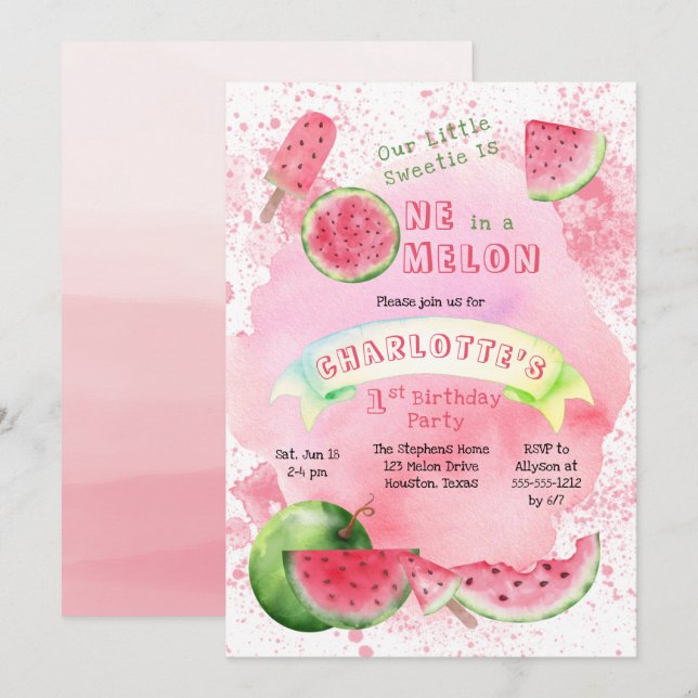 One in a Melon Pink Watermelon 1st Birthday Party  Invitation (Front/Back)