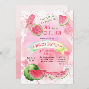 One in a Melon Pink Watermelon 1st Birthday Party  Invitation