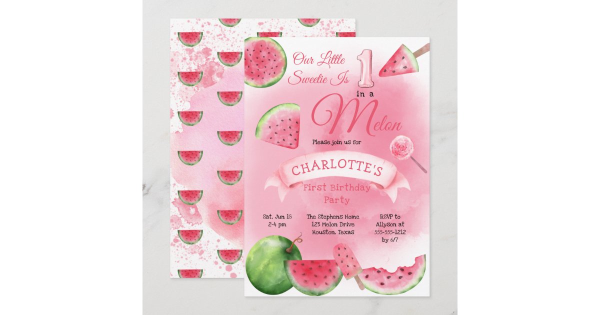One in a Melon Pink Watermelon 1st Birthday Party Invitation | Zazzle
