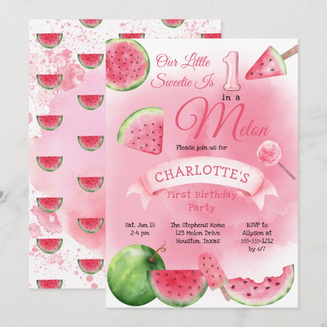 One in a Melon Pink Watermelon 1st Birthday Party  Invitation (Front/Back)
