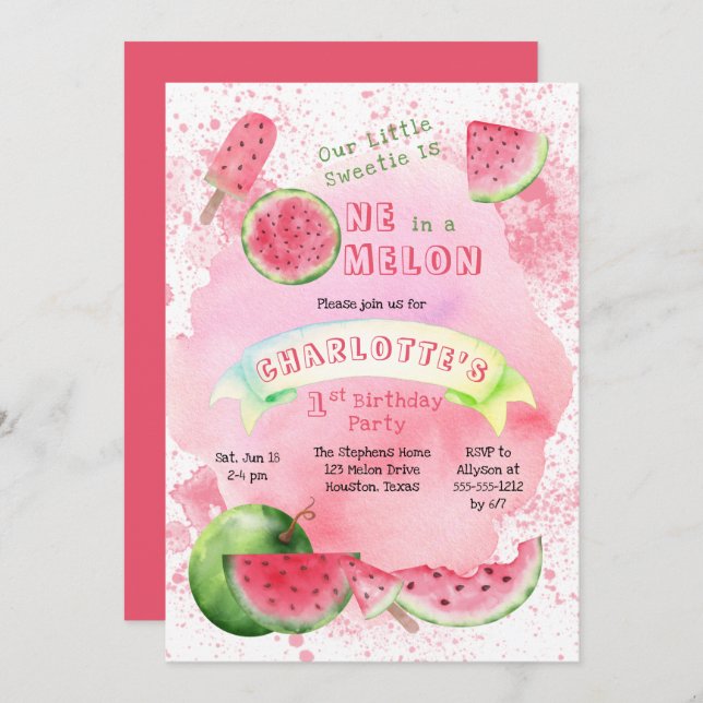 One in a Melon Pink Watermelon 1st Birthday Party  Invitation (Front/Back)