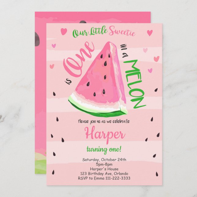 One in a Melon Pink Watermelon Birthday Invite (Front/Back)