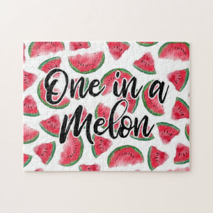 One in a Melon Quote Watermelon Watercolor Pattern Jigsaw Puzzle