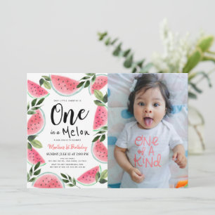One in a Melon Watercolor 1st Birthday Photo Invitation