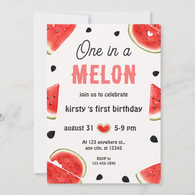 One in a Melon Watercolor First Birthday  Invitation (Front)