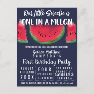 One in a Melon Watercolor Watermelon 1st Birthday Invitation Postcard