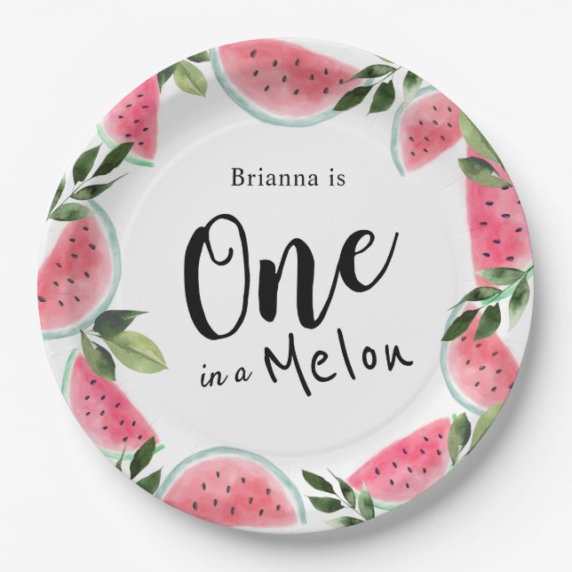 One in a Melon Watercolor Watermelon Paper Plate (Front)
