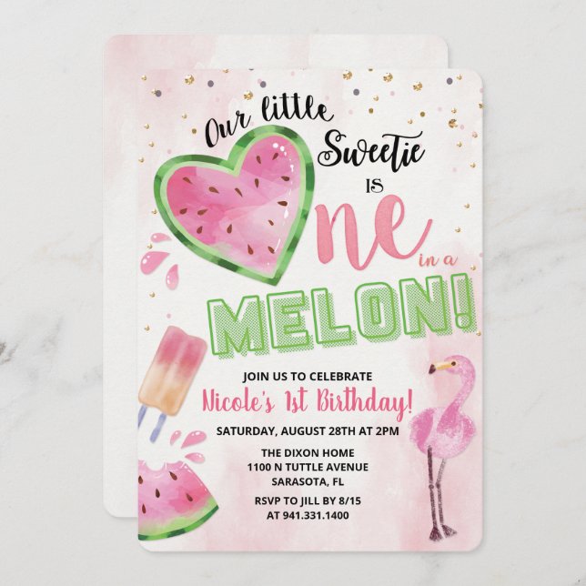 One in a Melon Watermelon 1st Birthday Invitation (Front/Back)