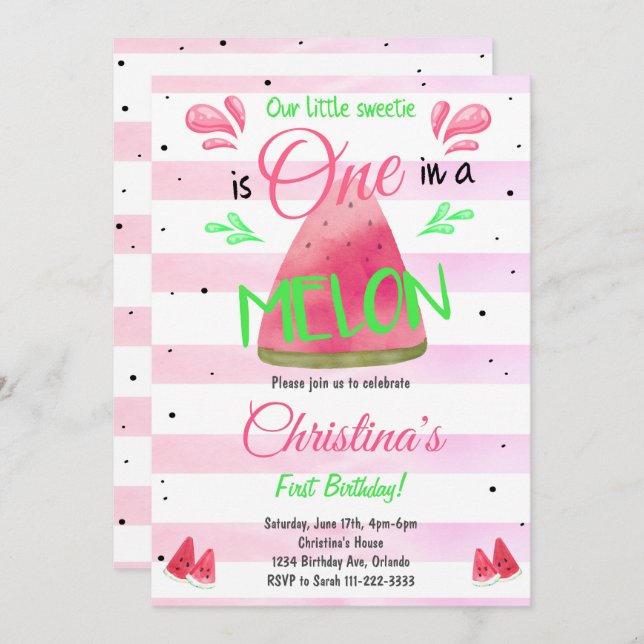 One in a Melon Watermelon 1st Birthday Invitation (Front/Back)
