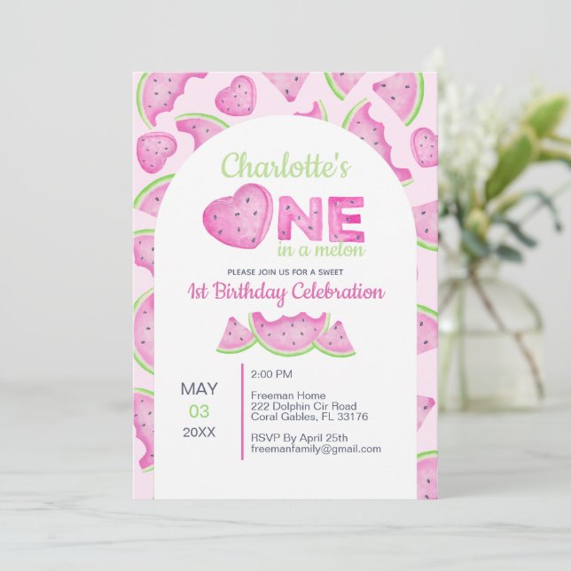 One in a Melon Watermelon 1st Birthday Invite (Standing Front)
