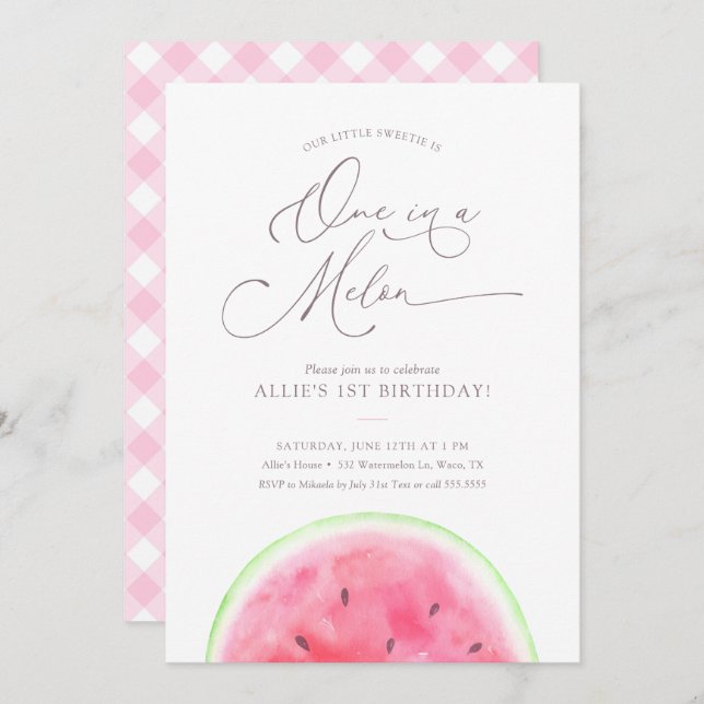 One in a Melon Watermelon 1st Birthday Party Invit Invitation (Front/Back)