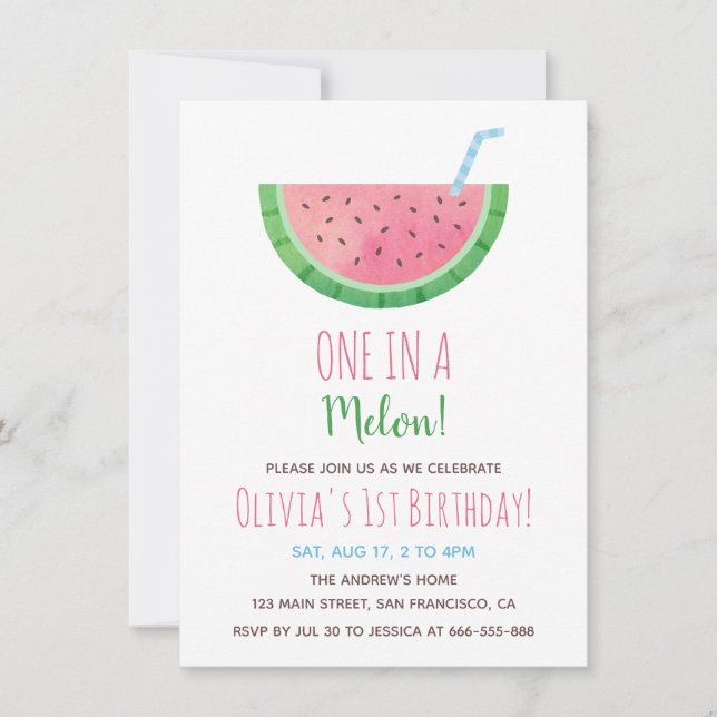 One In A Melon Watermelon 1st Birthday Party Invitation (Front)